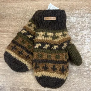 Alma - Fleece-Lined Patterned Knit Wool Mitts - MSRP $35: Brown/Green/Tan-unisex-