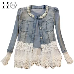 HEE GRAND Jeans Jacket Women Casacos Feminino Slim Lace Patchwork Beading Denim Lady Elegant Vintage Jackets Coat WWJ084