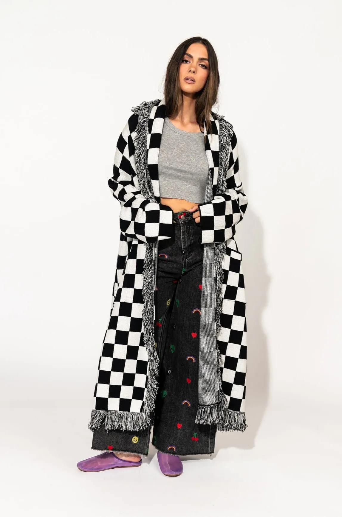 Luxe Fringe Blanket Cardigan in Black   White Check